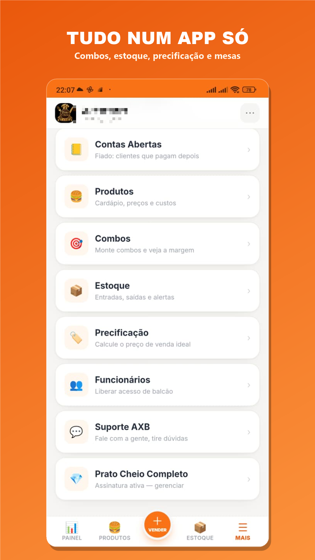 Tudo num app só: combos, estoque, precificação e mesas
